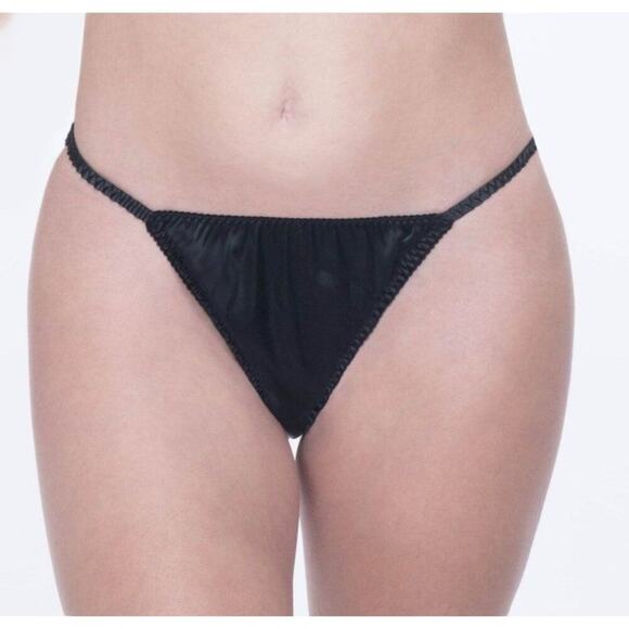 Vintage Delicates String Thong Black Silky Satin Panties Size 8 - Picture 1 of 8